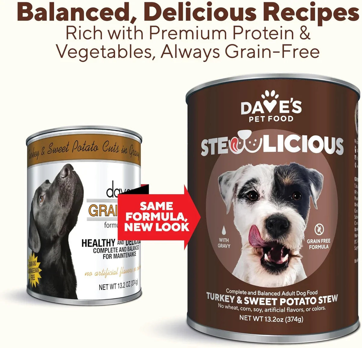 Dave's Stewlicious Turkey & Sweet Potato Cuts in Gravy canned dog food, 13.2 oz can