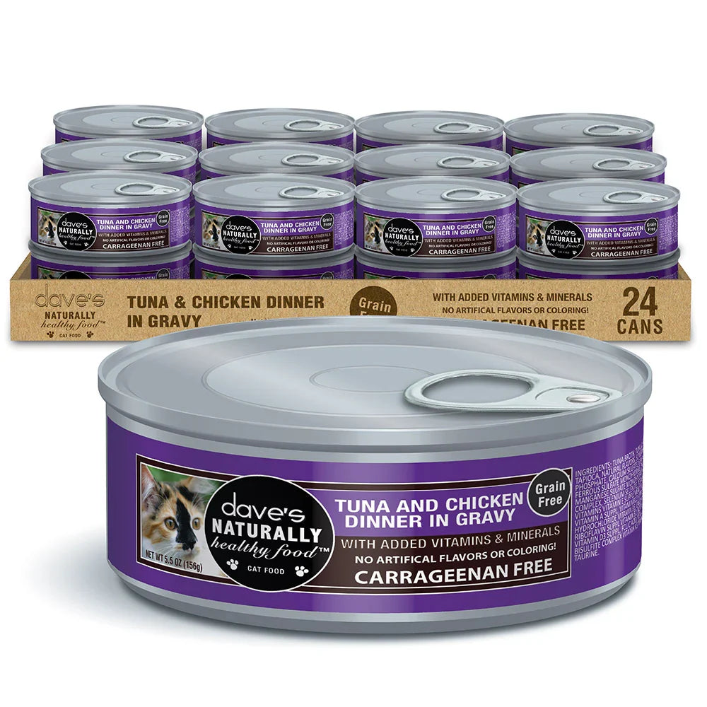 Can of Dave's Naturally Healthy tuna and chicken dinner in gravy cat food, 5.5 ounce