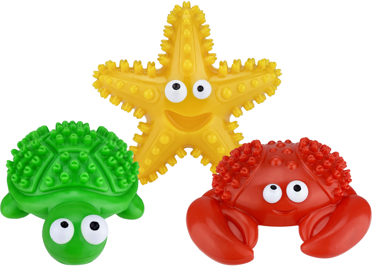 Multipet Deep Sea Teethers dog toy, 6 inch sea animal shape with bumpy texture.