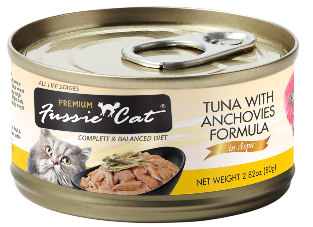 Fussie Cat Premium Tuna with Anchovies Formula in Aspic wet cat food can, 2.82oz