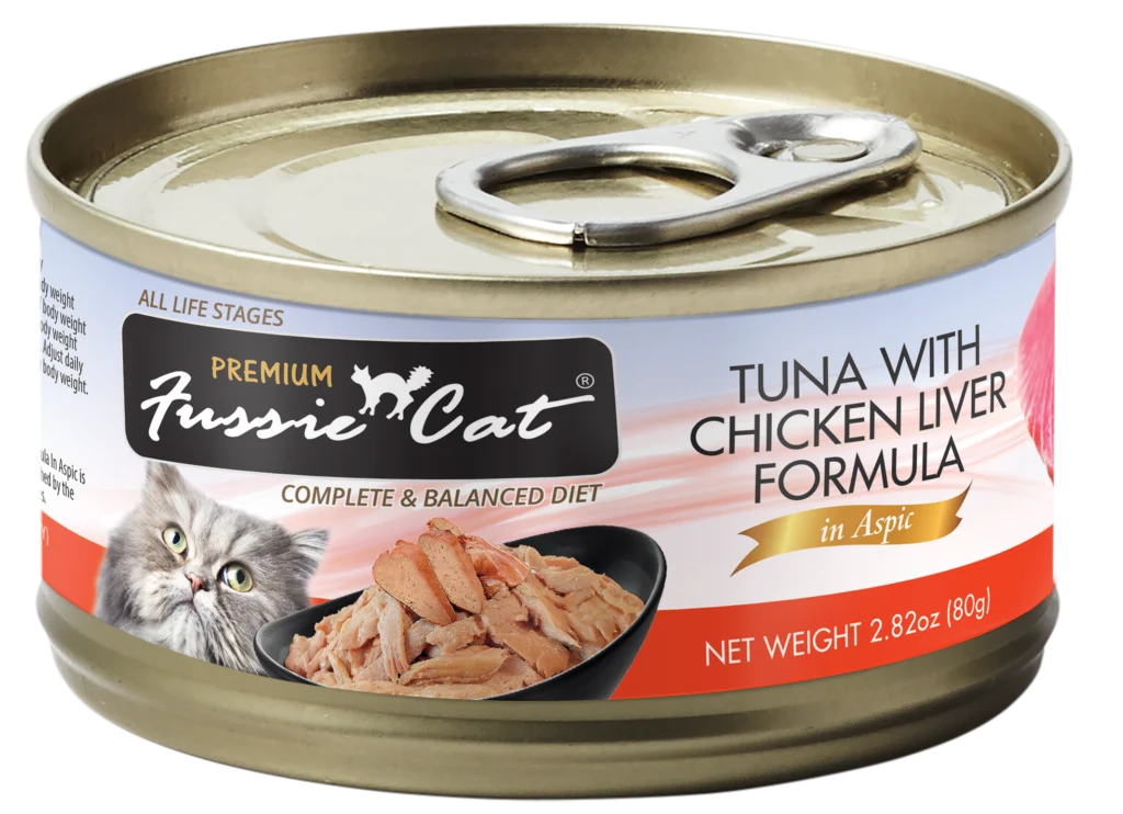 Fussie Cat Premium Tuna with Chicken Liver Formula in Aspic, 2.82oz can