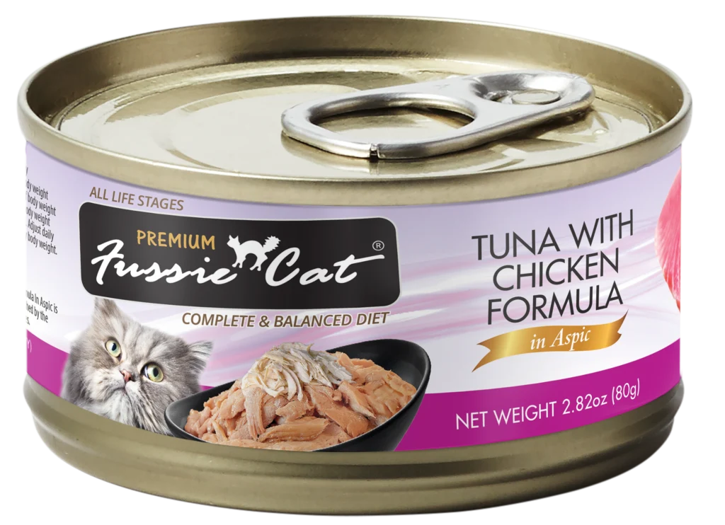 Fussie Cat Premium Tuna with Chicken Formula in Aspic, 2.82oz can
