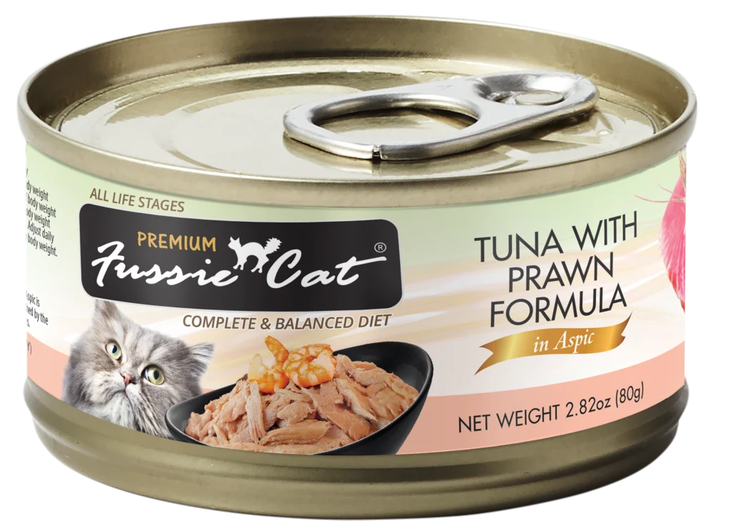 Fussie Cat Premium Tuna with Prawns Formula in Aspic, 2.82oz can