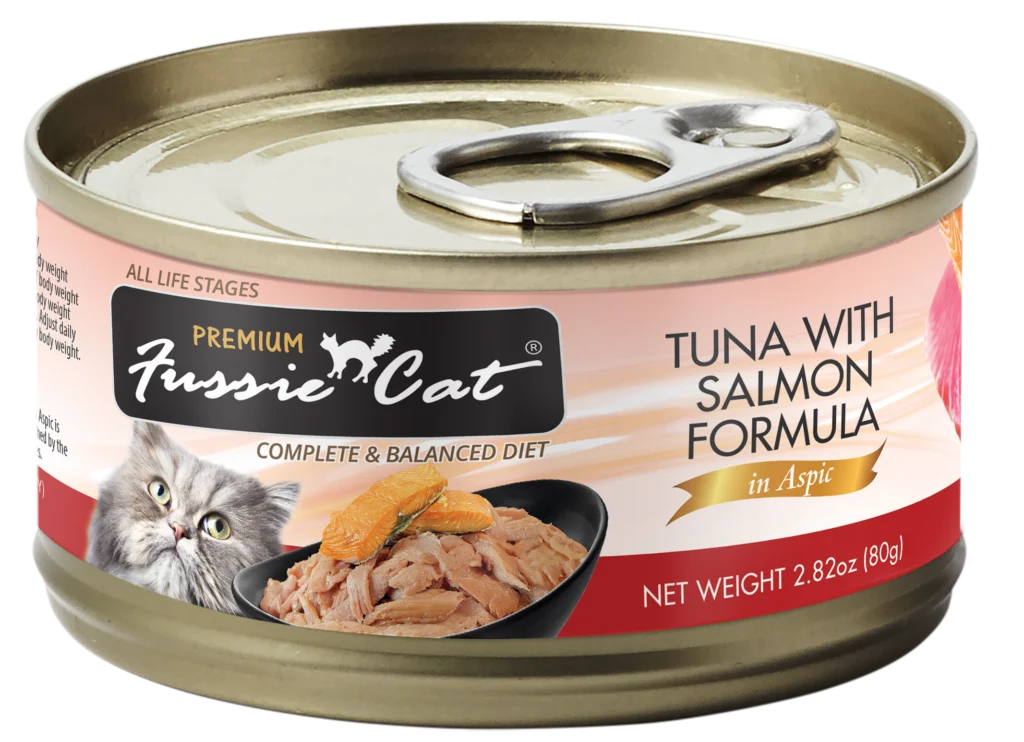 Fussie Cat Premium Tuna with Salmon Formula in Aspic, 2.82oz can