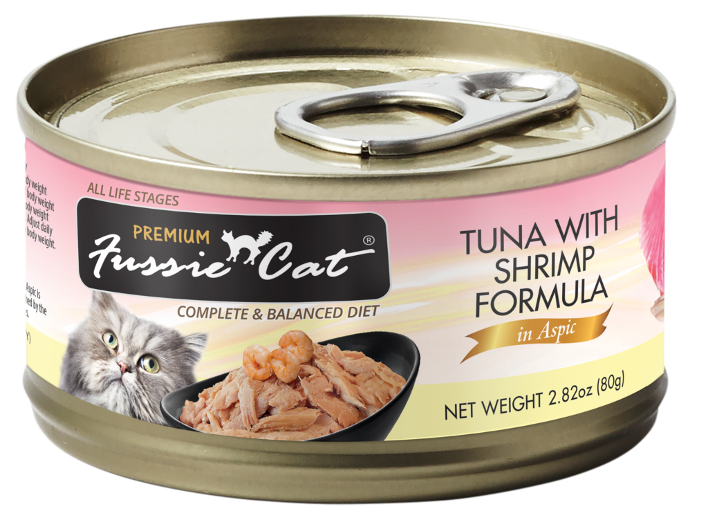 Fussie Cat Premium Tuna with Shrimp Formula in Aspic wet cat food can, 2.82oz