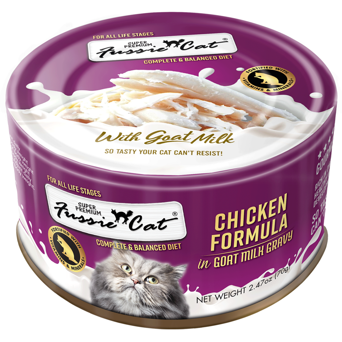 Fussie Cat Chicken in Goat Milk Gravy wet cat food can, 2.47oz