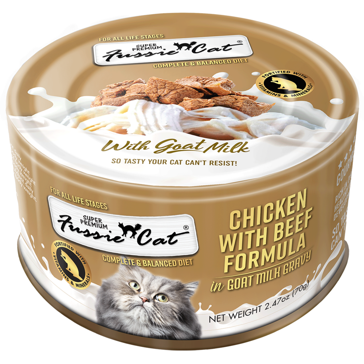 Fussie Cat Chicken with Beef in Goat Milk Gravy wet cat food can, 2.47oz