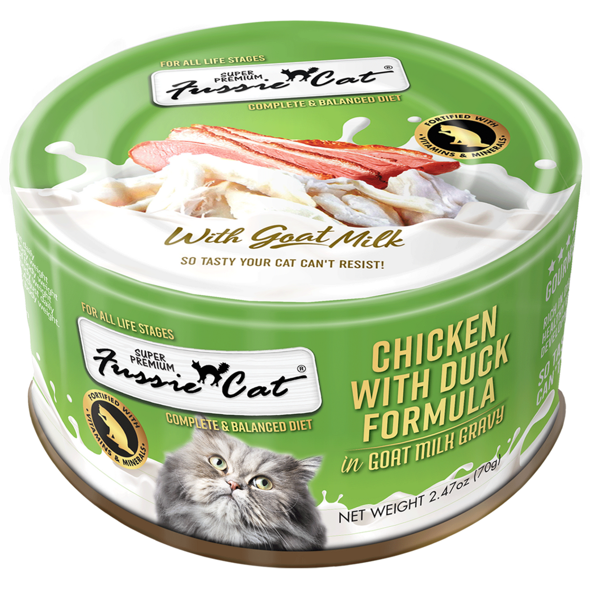 Fussie Cat Chicken with Duck in Goat Milk Gravy wet cat food can, 2.47oz