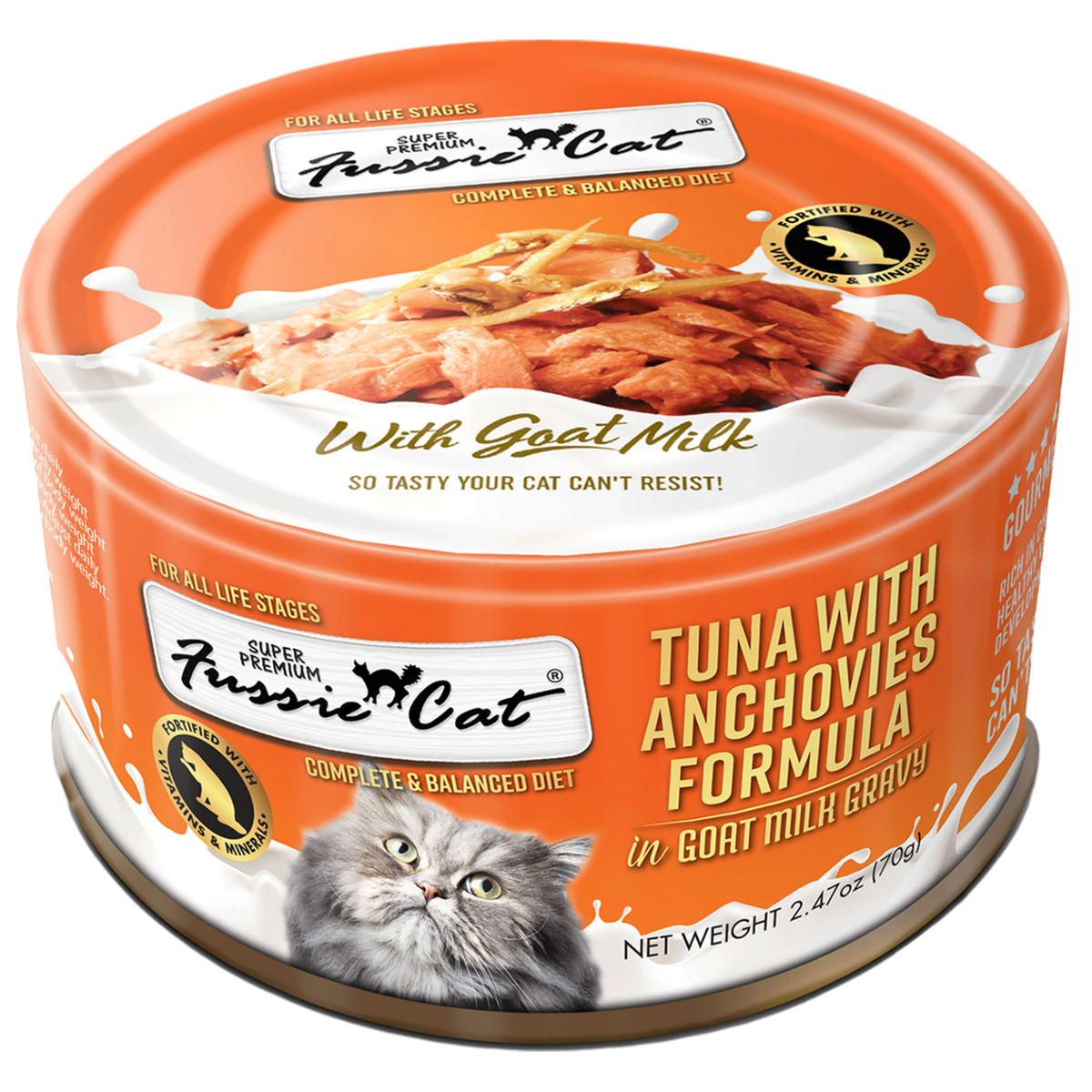 Fussie Cat Tuna with Anchovies in Goat Milk Gravy wet cat food can, 2.47oz