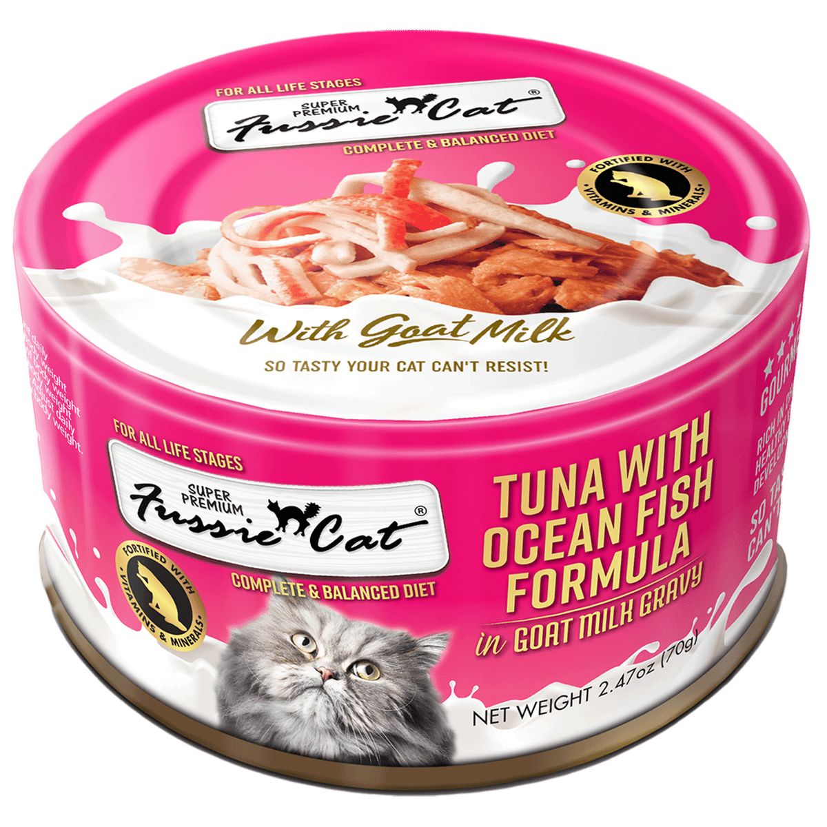 Fussie Cat Tuna with Ocean Fish in Goat Milk Gravy wet cat food can, 2.47oz