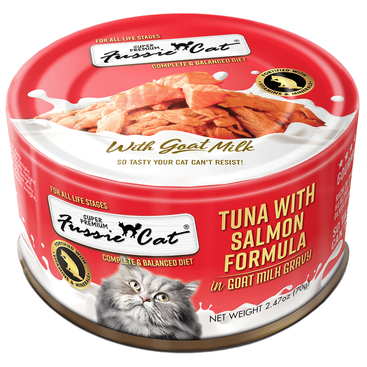 Fussie Cat Tuna with Salmon Formula in Goat Milk Gravy, 2.47oz can