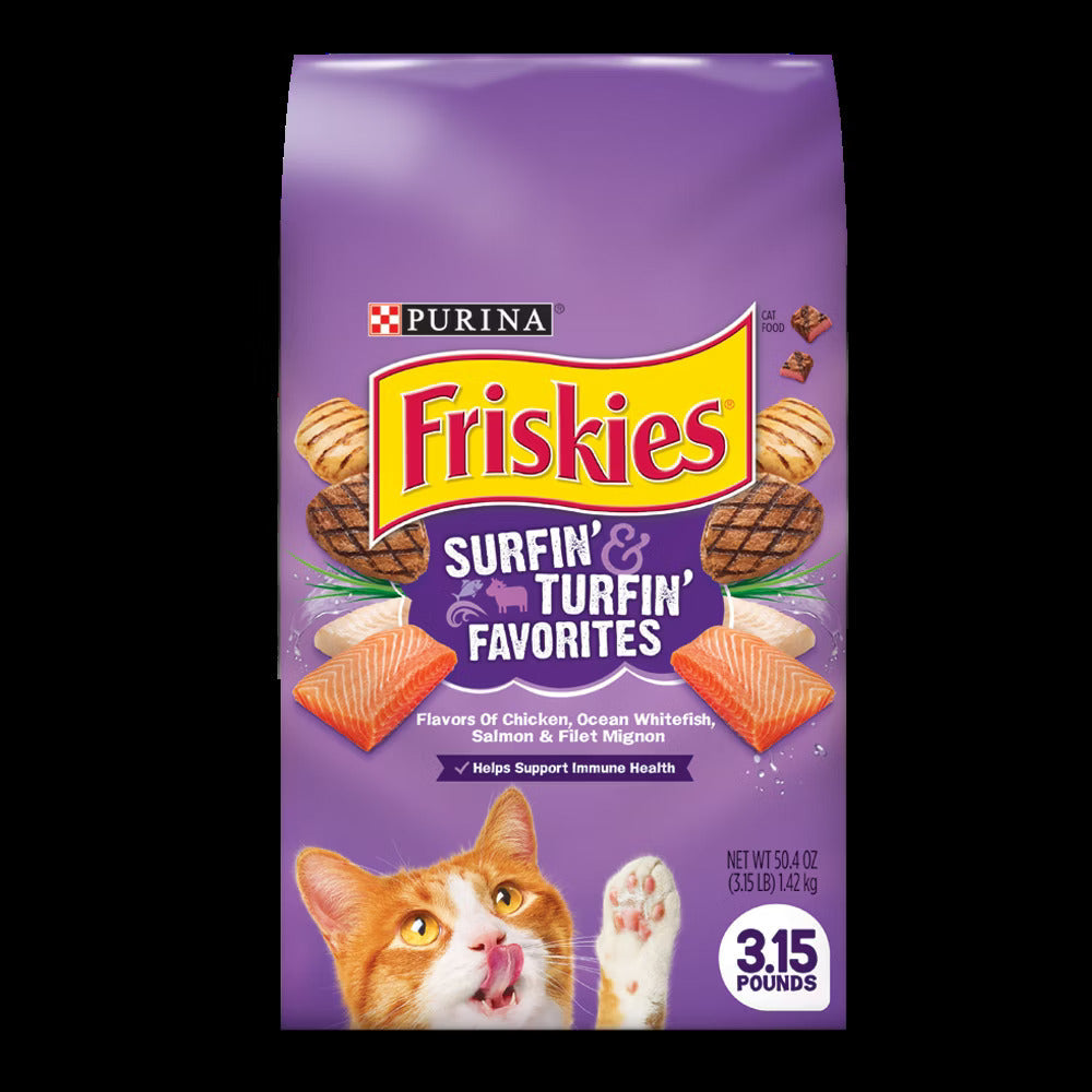 Bag of Friskies Surfin' &amp; Turfin' Favorites dry cat food with chicken, whitefish, salmon and filet mignon flavors.