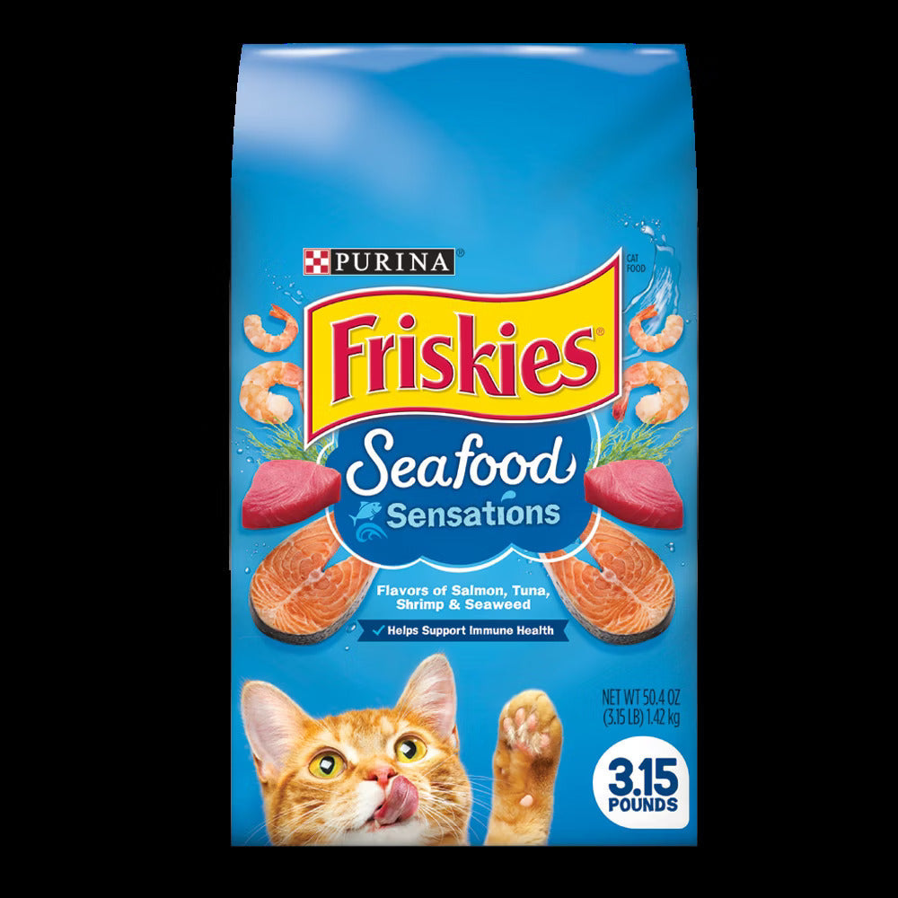 Bag of Friskies Seafood Sensations dry cat food with salmon, tuna, shrimp and seaweed flavors.