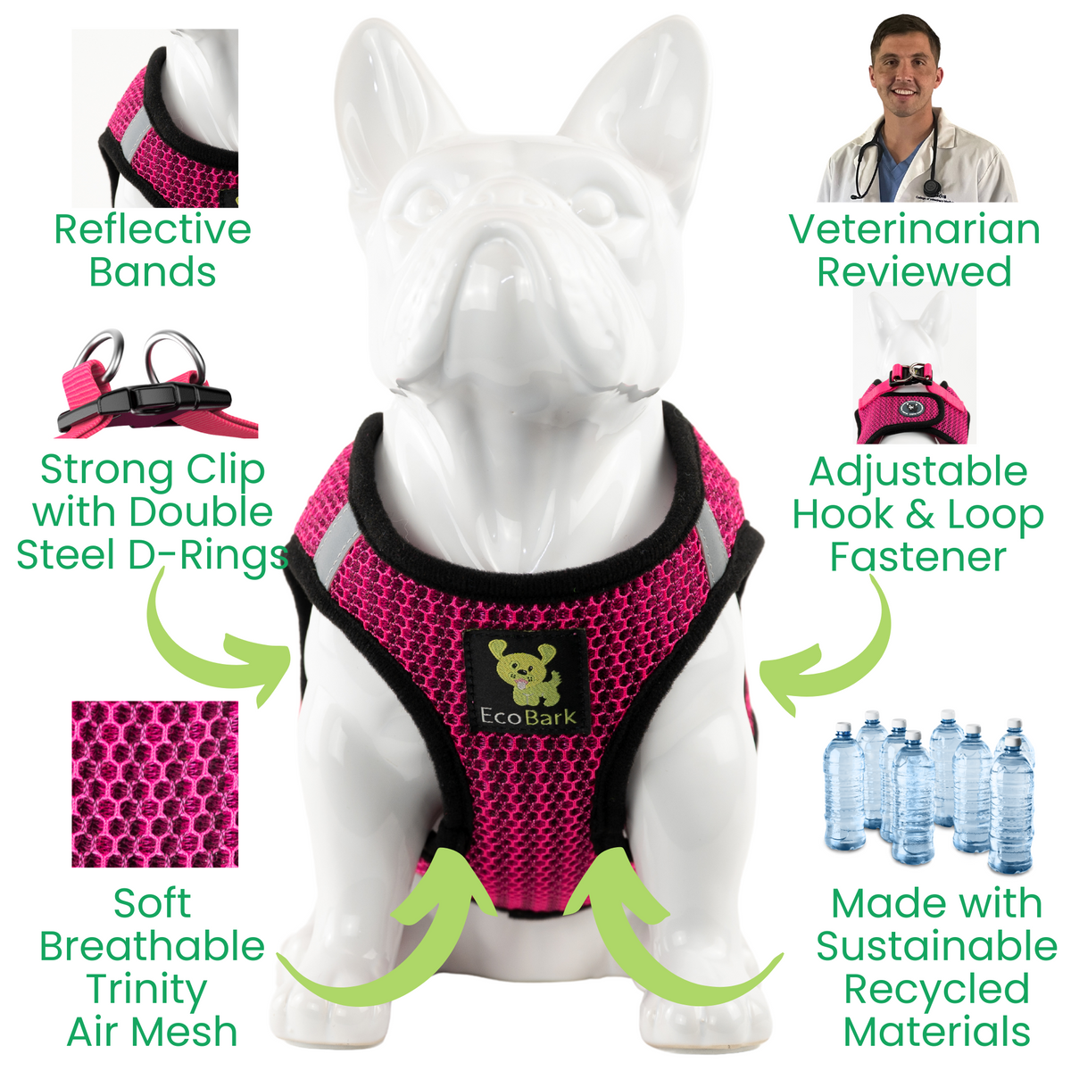 Fuchsia Sport Step-In Dog Harness, Reflective Mesh, Teacup to XL