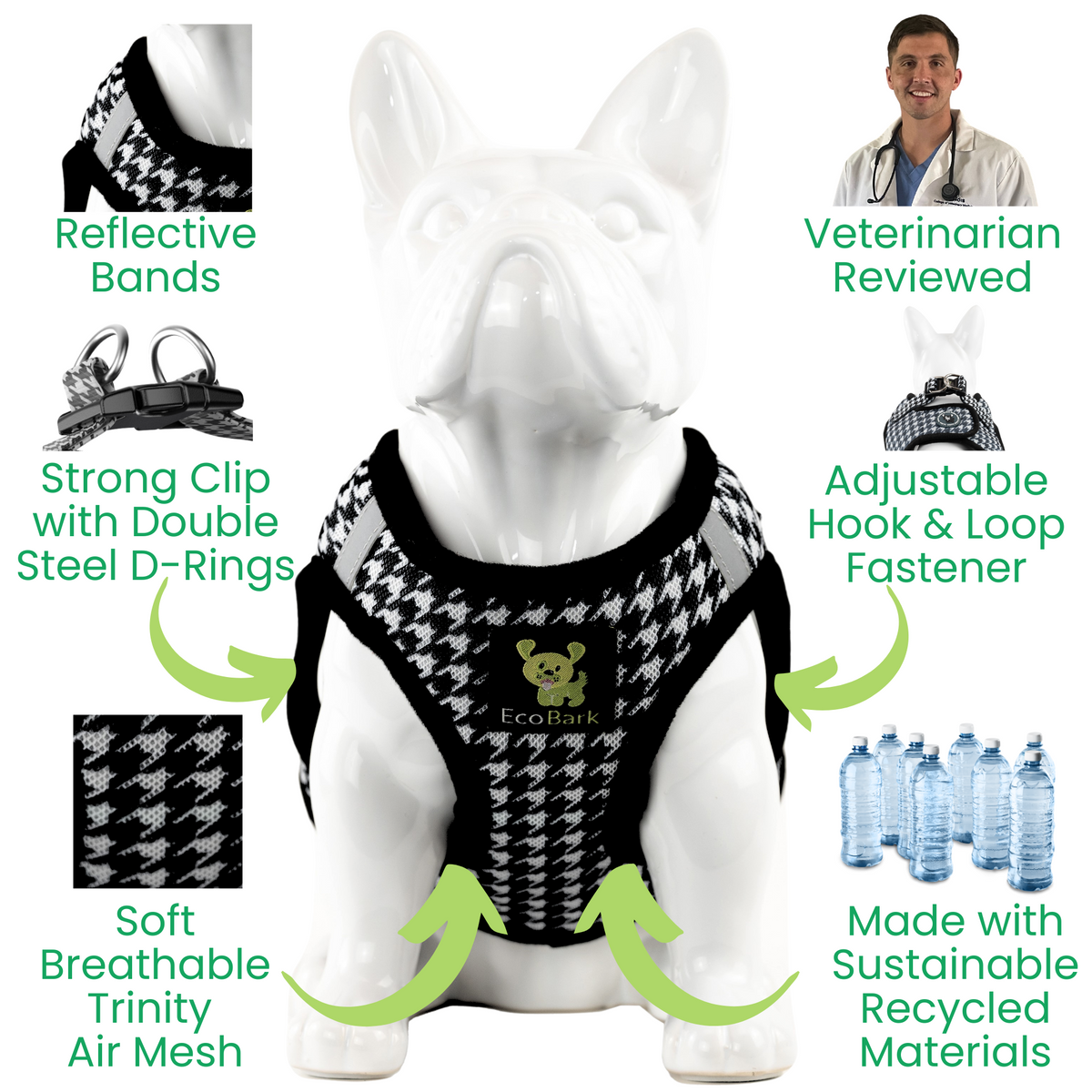 Houndstooth Step-In Dog Harness, Reflective Mesh, Teacup to XL