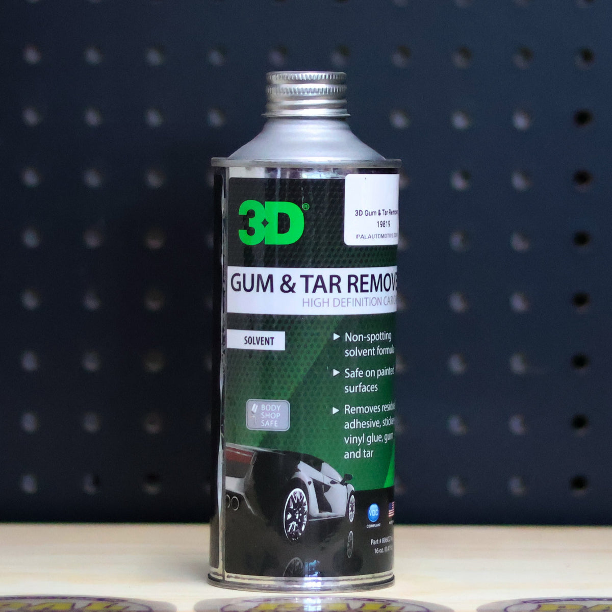 3D Gum and Tar Remover in a silver metal can with a green label and a metal cap