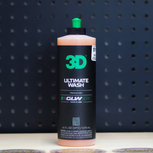 3D GLW Ultimate Wash pint bottle of orange car wash soap with a black GLW Series label and green cap