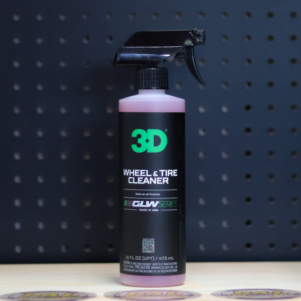 3D GLW Wheel and Tire Cleaner 16 oz spray bottle with a black trigger and pink cleaner inside