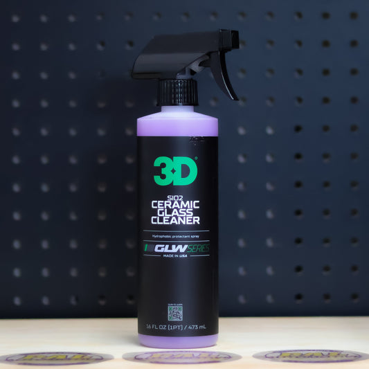 3D GLW SiO2 Ceramic Glass Cleaner 16 oz bottle with black trigger sprayer, purple liquid and black GLW Series label