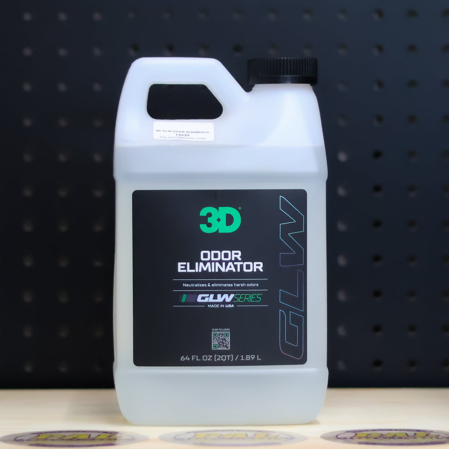 3D GLW Odor Eliminator 64 oz white jug with handle and black GLW Series label