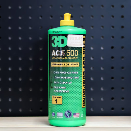3D ACA 500 X-Tra Cut Compound 32 oz green bottle with yellow cap and Step 1 label