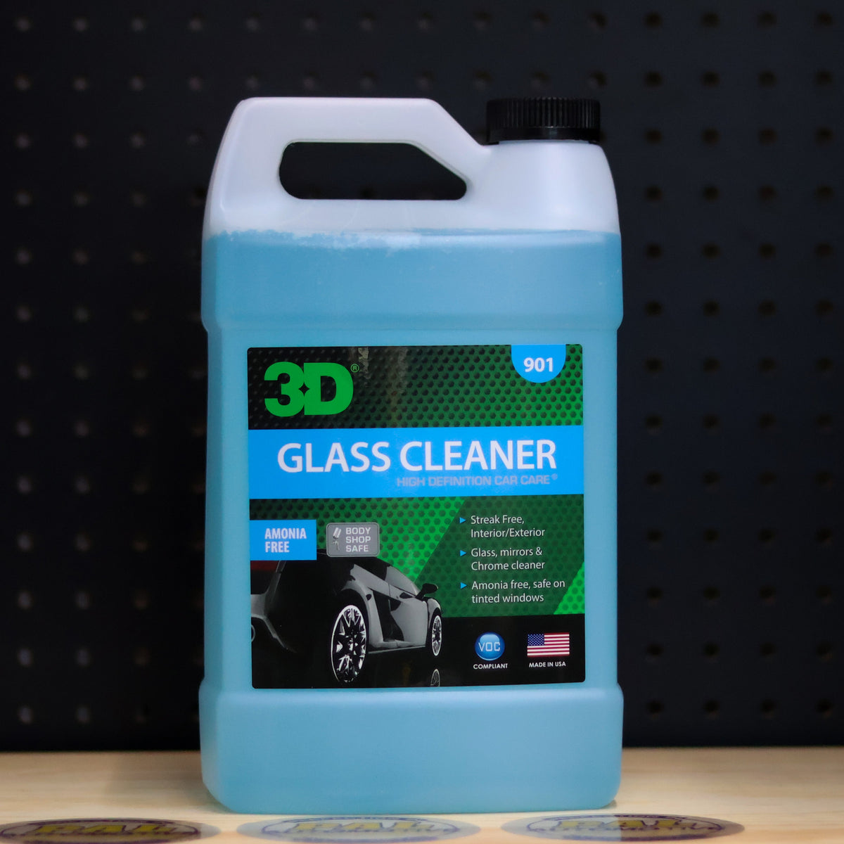 3D Glass Cleaner 901 jug of light blue liquid with the blue and white ammonia free label