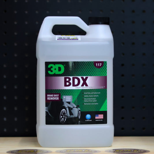3D BDX brake dust remover in a one gallon jug with a white handle and a purple label
