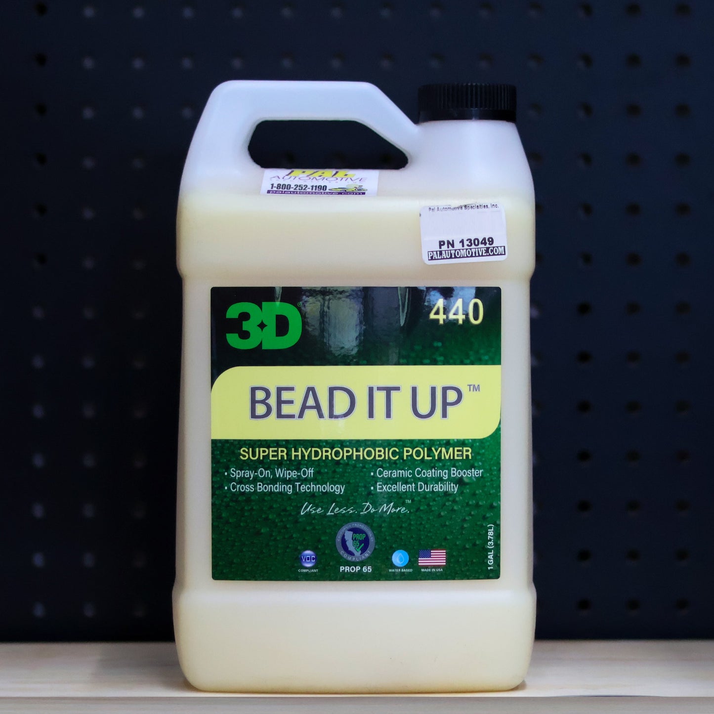 3D Bead It Up gallon jug with handle, white jug with green and black Super Hydrophobic Polymer label