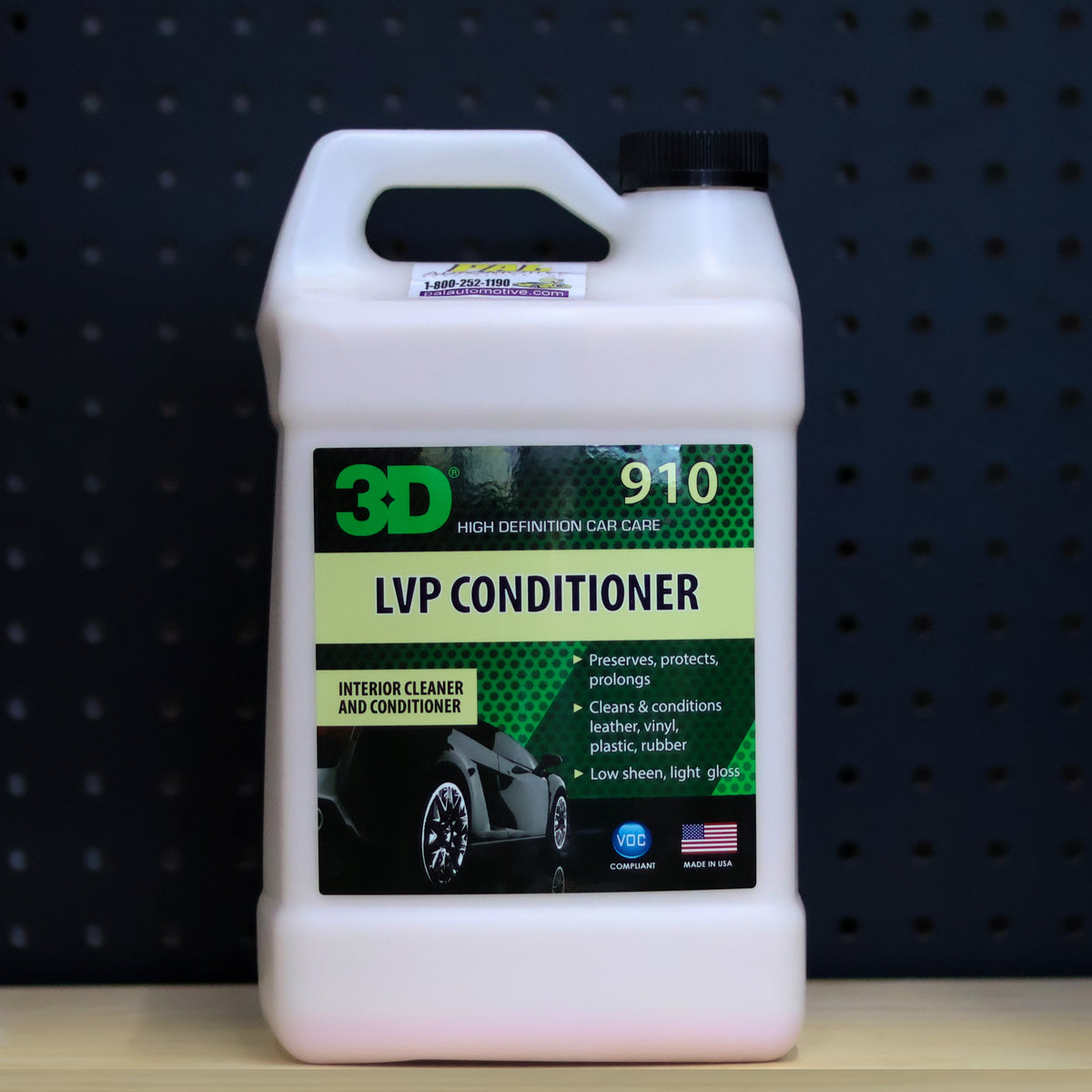 3D LVP Conditioner one gallon white jug with a green 910 interior cleaner and conditioner label