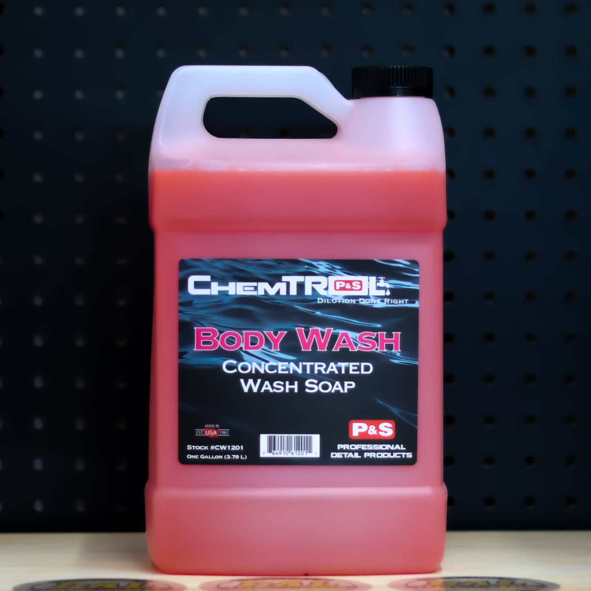 P&S Body Wash Concentrate one gallon jug of pink liquid with a ChemTrol Body Wash label