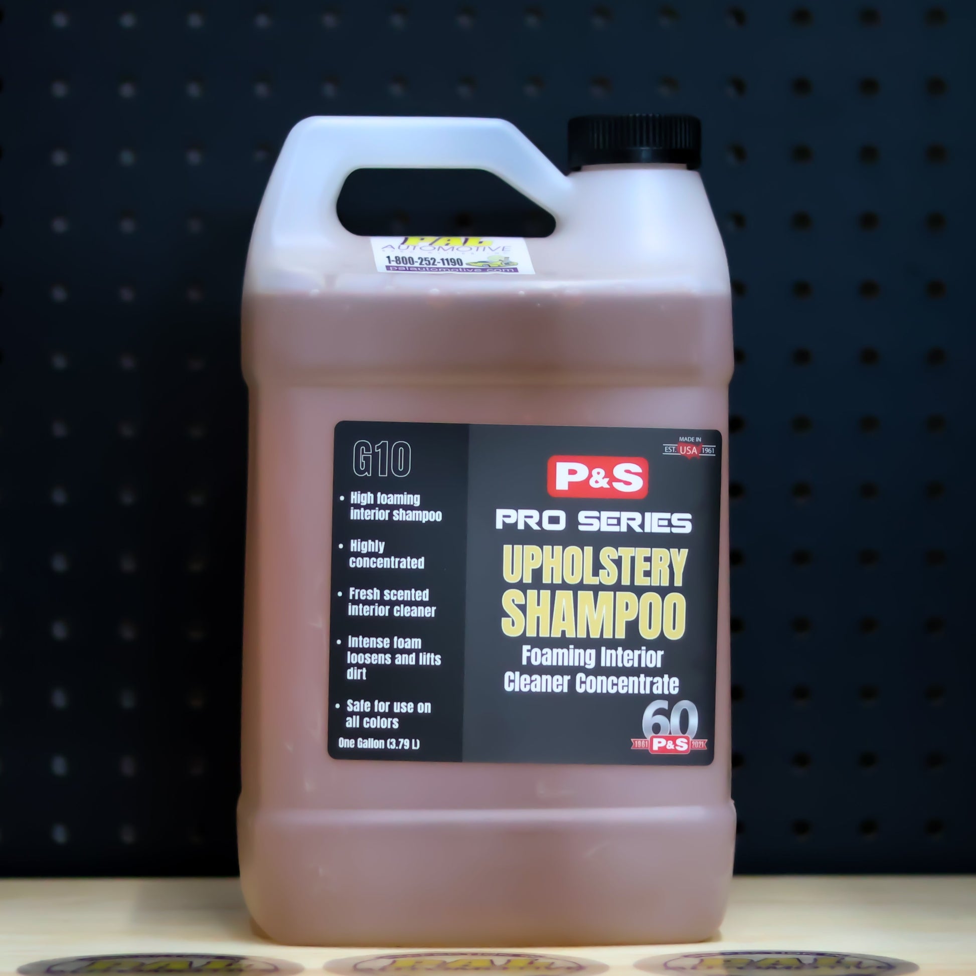 P&S Upholstery Shampoo one gallon jug of amber concentrate with a black Pro Series label and carry handle
