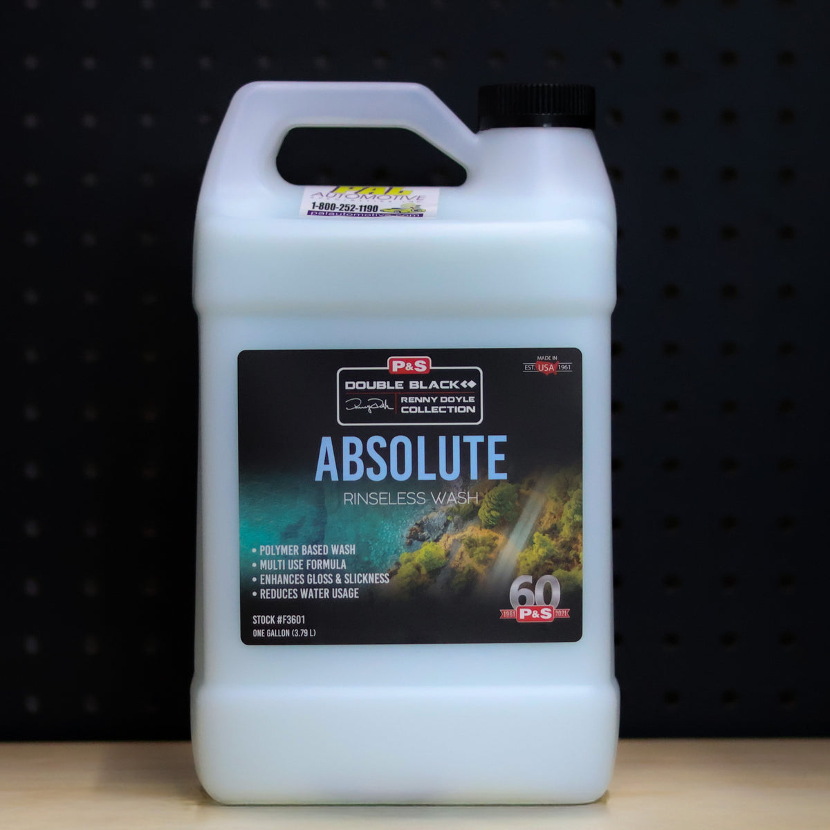 P&S Absolute Rinseless Wash gallon jug, white jug with a black Double Black label