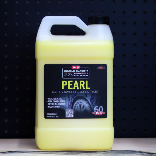 P&S Pearl Auto Shampoo one gallon jug of pale yellow concentrate with a green and black Double Black label