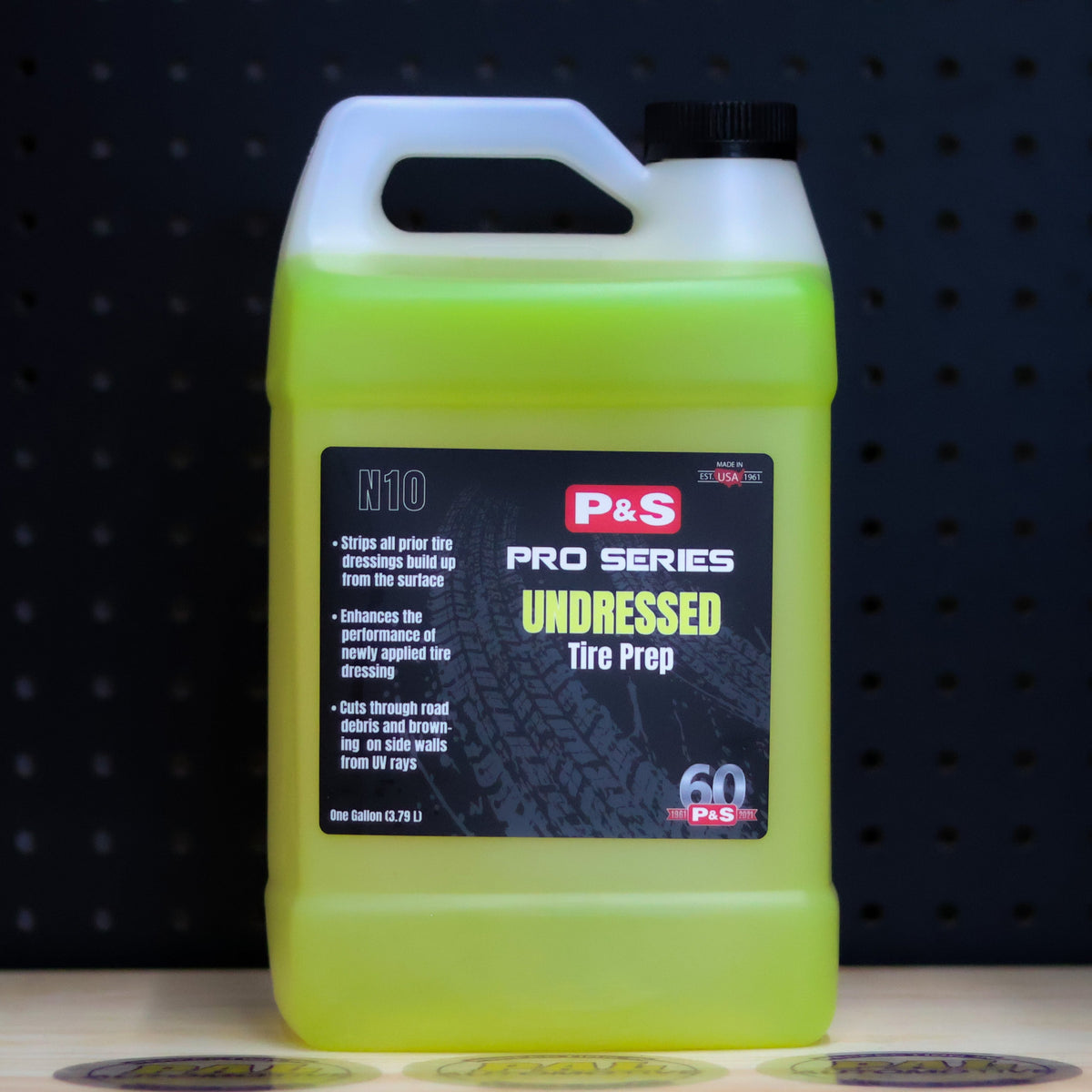 P&S Undressed Tire Prep gallon jug of yellow green liquid with the black Pro Series N10 label showing a tire