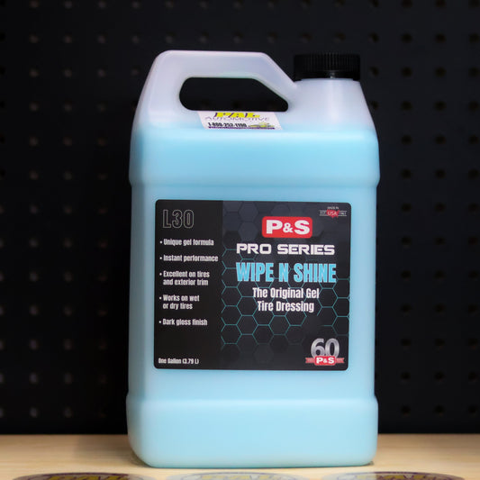 P&S Wipe N Shine gel dressing gallon jug of pale blue gel with a black Pro Series label