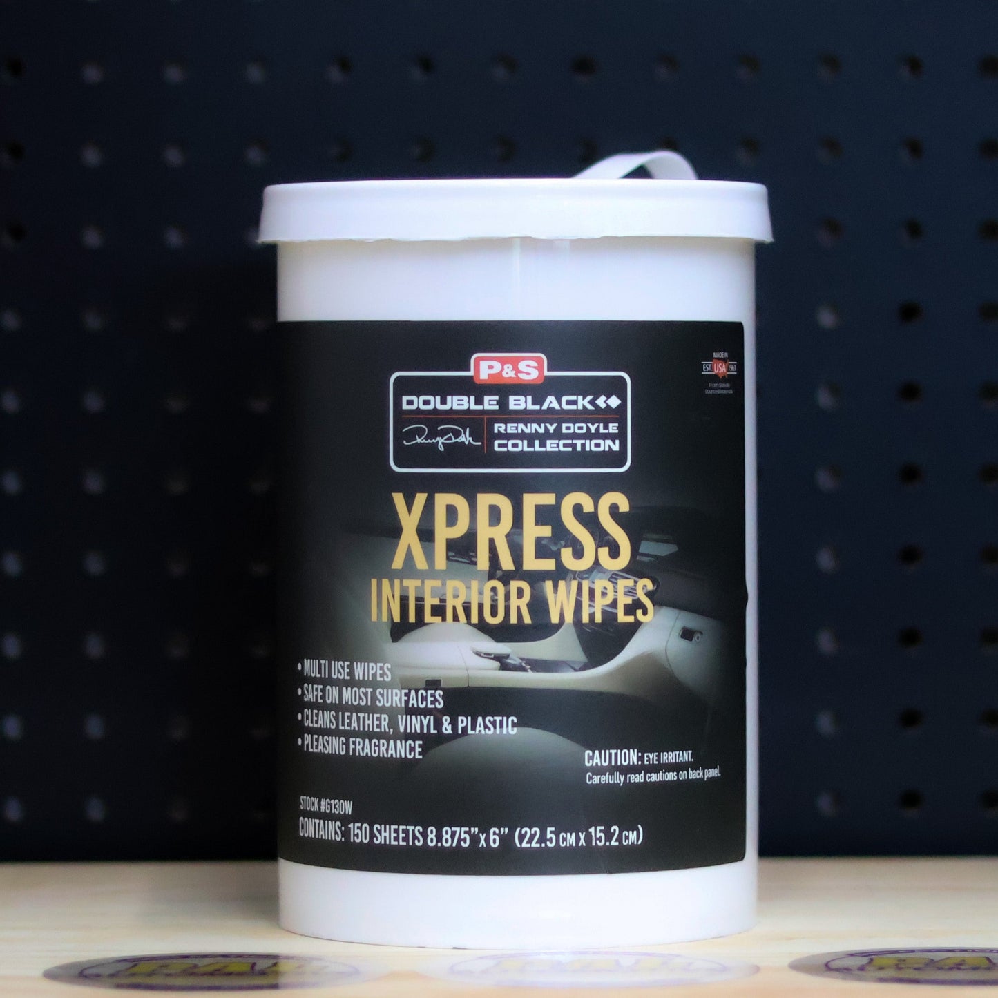 P&S Xpress Interior Wipes in a white canister with a black Double Black collection label