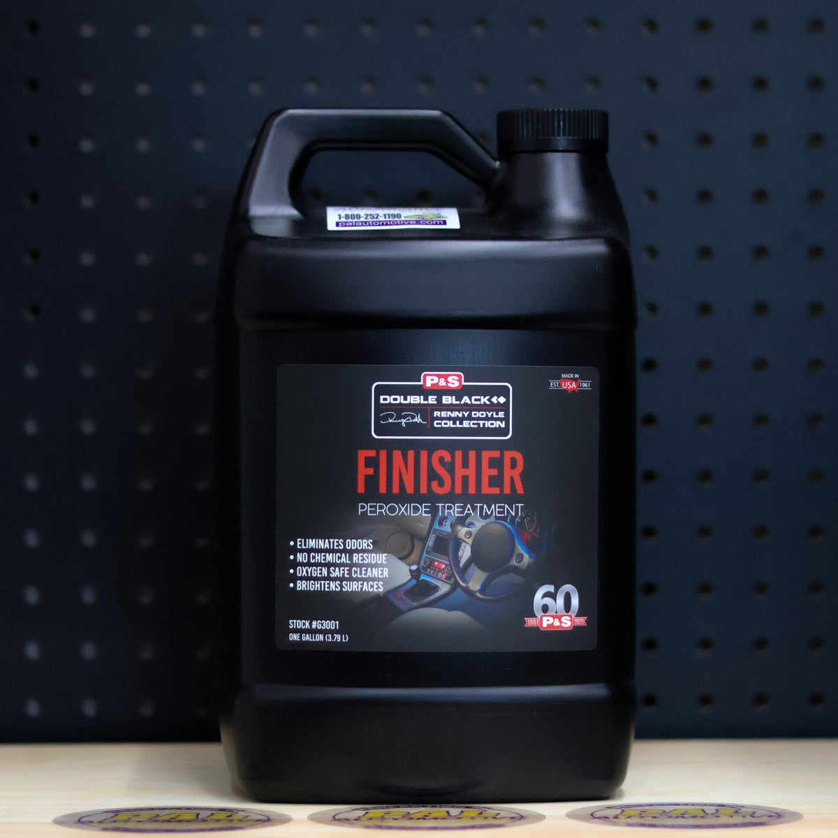 P&S Finisher Peroxide Treatment one gallon black jug with a carry handle and a Double Black label