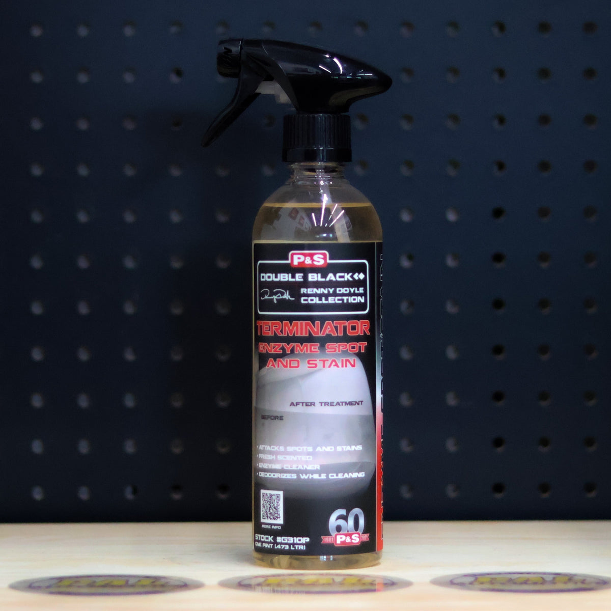 P&S Terminator Spot and Stain Remover 16 oz spray bottle of amber liquid with a black trigger and Double Black label