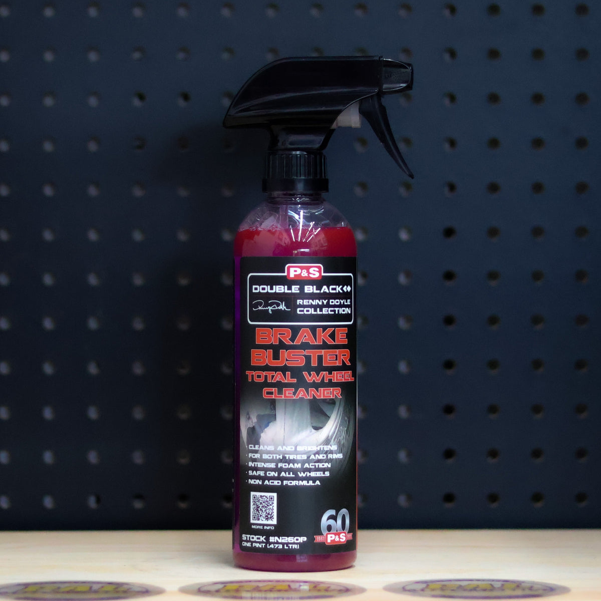 P&S Brake Buster Total Wheel Cleaner pint spray bottle of dark red liquid with a black trigger and a Double Black label