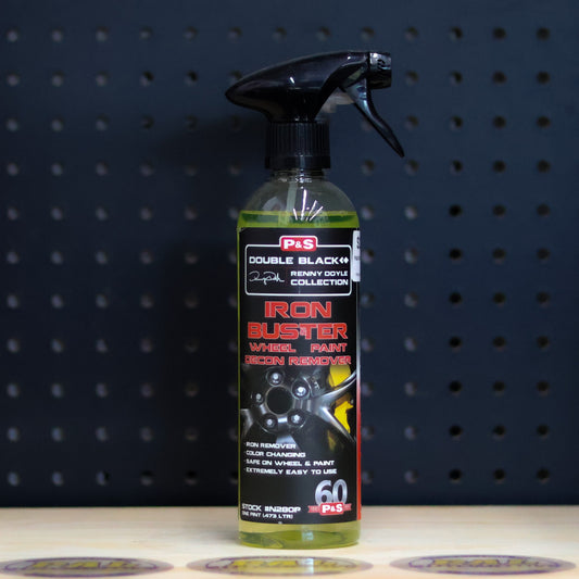 P&S Iron Buster Wheel and Paint Decon Remover 16 oz clear spray bottle with a black trigger and red and black Double Black label