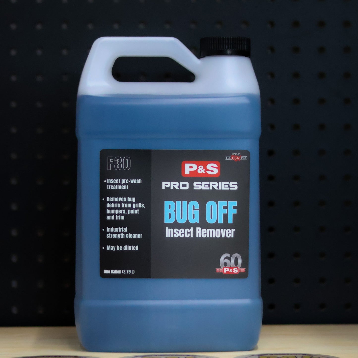 P&S Bug Off Insect Remover one gallon jug of blue liquid with a carry handle and a Pro Series label