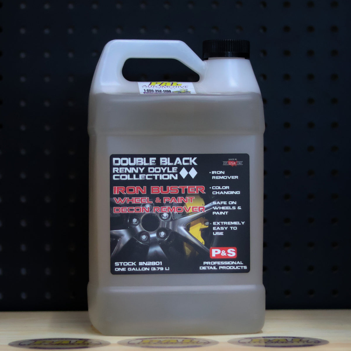 P&S Iron Buster Wheel and Paint Decon Remover one gallon jug with a black Double Black label and a carry handle