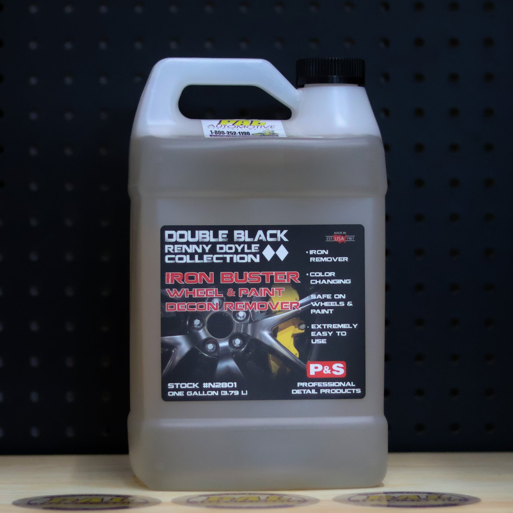 P&S Iron Buster Wheel and Paint Decon Remover one gallon jug with a black Double Black label and a carry handle