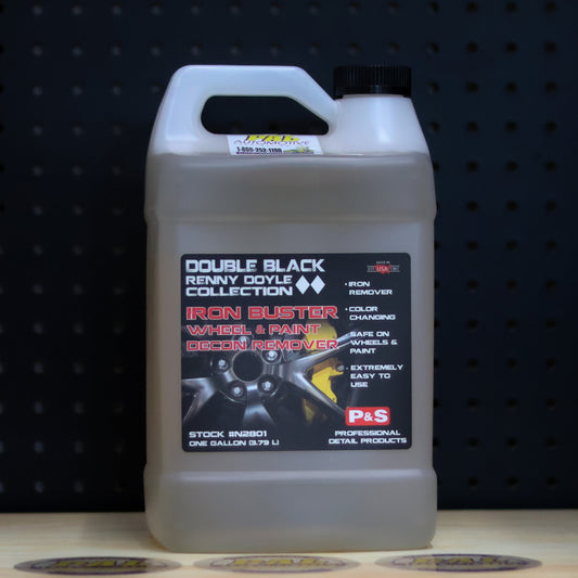 P&S Iron Buster Wheel and Paint Decon Remover one gallon jug with a black Double Black label and a carry handle