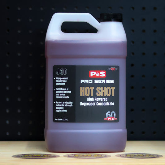 P&S Hot Shot High Power Degreaser Concentrate gallon jug with dark liquid and a black Pro Series label