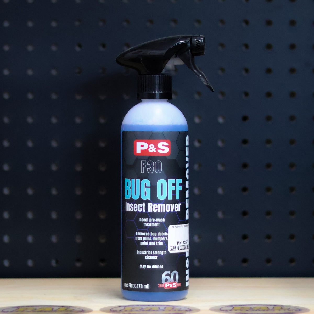 P&S Bug Off Insect Remover pint spray bottle with blue liquid and a black trigger sprayer