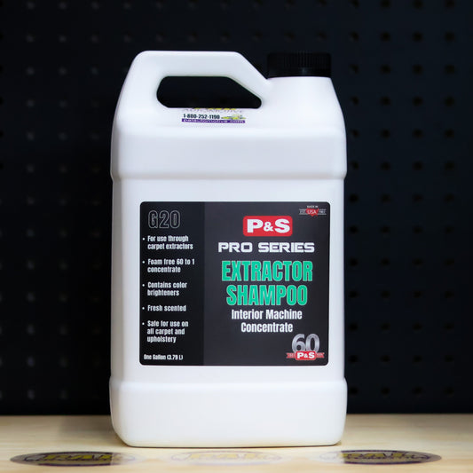 P&S Extractor Shampoo gallon jug, white jug with a black and green Pro Series label