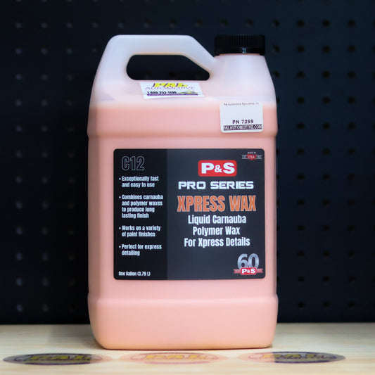 P&S Xpress Wax one gallon jug of peach colored liquid wax with a black Pro Series label and carry handle