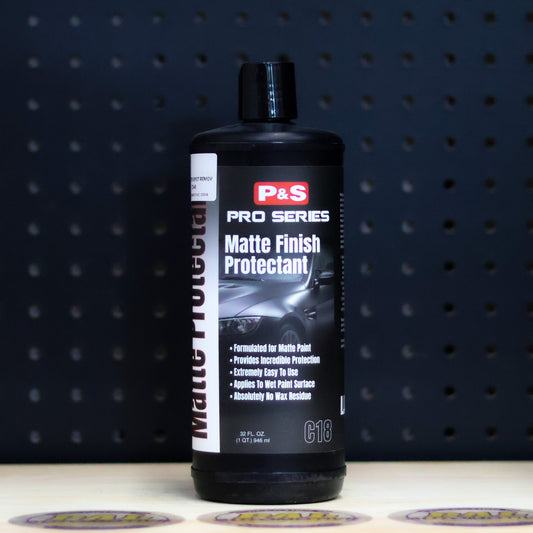 P&S Matte Finish Protectant black bottle with a black cap and a Pro Series label showing a matte finished car