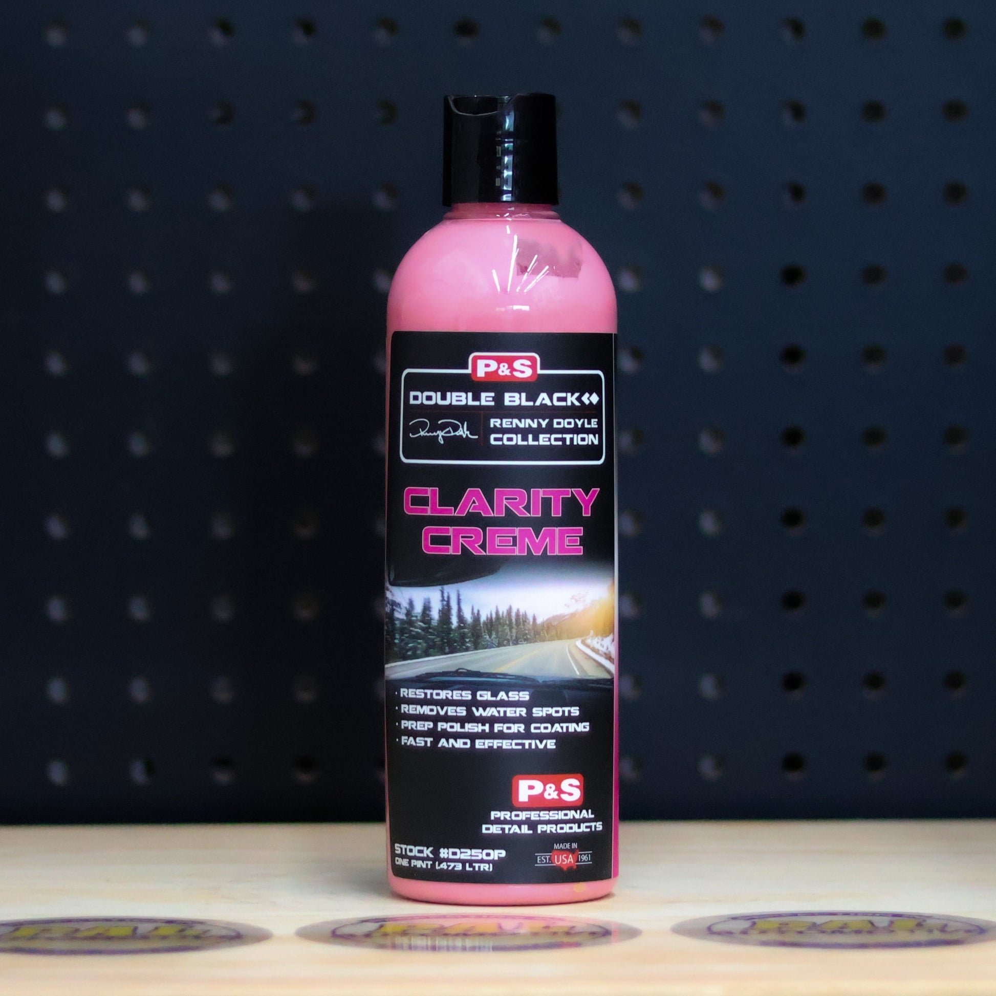 P&S Clarity Creme Glass Polish pint bottle of pink liquid with a black Double Black Clarity Creme label